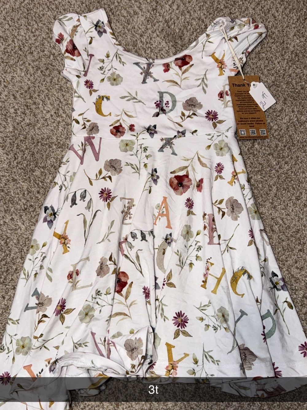Girls White Floral & Alphabet Cotton Dress - 3T